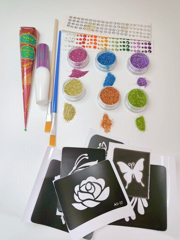 Henna Art Kit with Glitter, Stencils & Body Gems – Complete DIY Mehndi Set